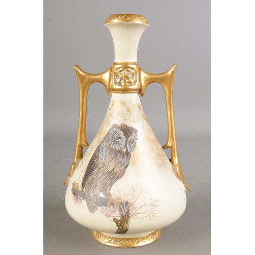 494 - A 19th century Royal Worcester twin handled vase with hand painted owl to the front, by Charley Bald... 