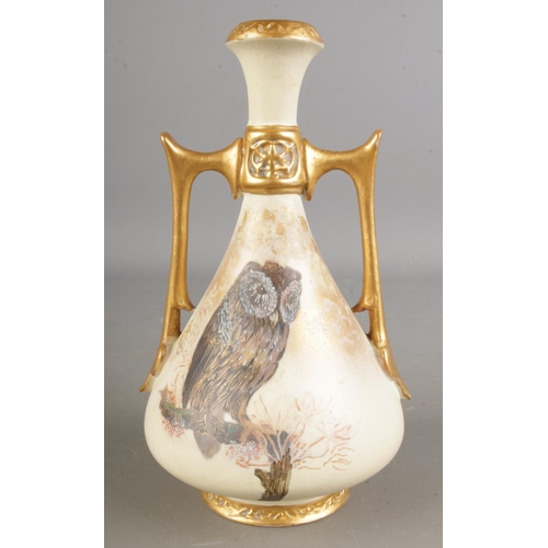 494 - A 19th century Royal Worcester twin handled vase with hand painted owl to the front, by Charley Bald... 
