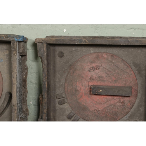 369 - Two wooden framed foundry moulds stamped '3167 CC'. H68cm.