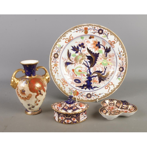 117 - Four pieces of Royal Crown Derby, including twin handled vase and trinket dish and jar and cover in ... 