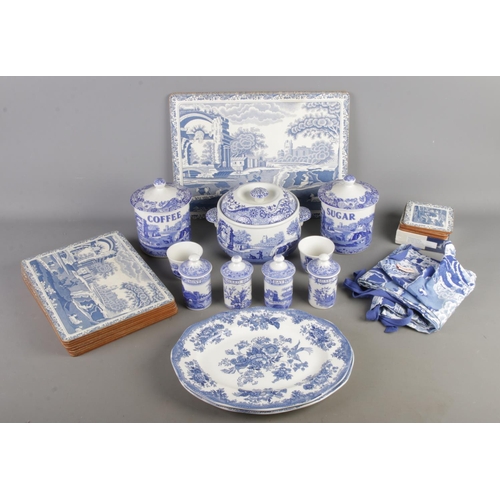 126 - A collection of Spode blue and white ceramics and other examples; Including lidded Italian jars Coff... 