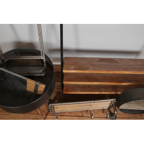 298 - A collection of vintage industrial shelving; including metal piping examples alongside an outdoor fi... 