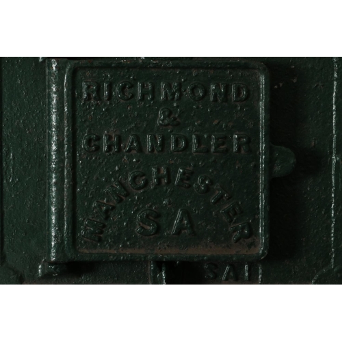 330 - Richmond & Chandler Manchester Victorian green and red painted seeder - wooden handles. L146cm.