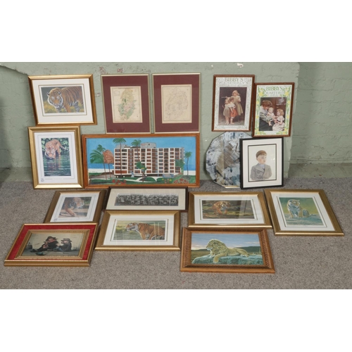 411 - A collection of framed prints, artwork and mirrors; Including two framed maps East Retford by Creigh... 