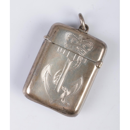 447 - An Edwardian silver vesta case featuring monogram to one side and engraved Royal Navy crown and anch... 