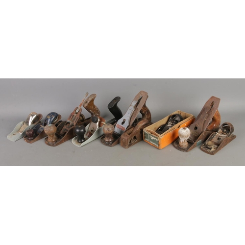 75 - A collection of nine vintage hand planes; Including Record, Stanley, Bailey, Acorn etc.