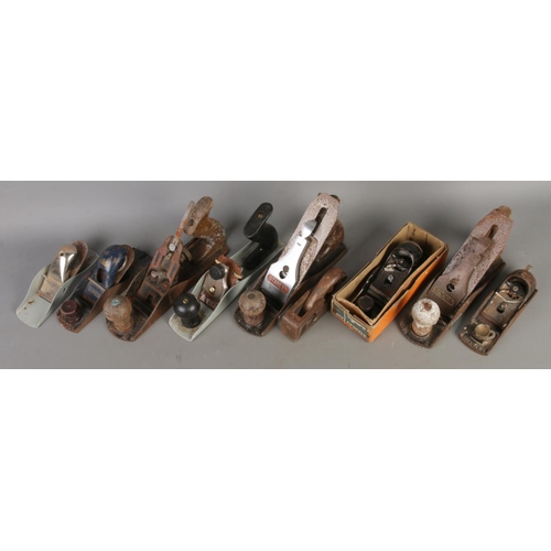 75 - A collection of nine vintage hand planes; Including Record, Stanley, Bailey, Acorn etc.