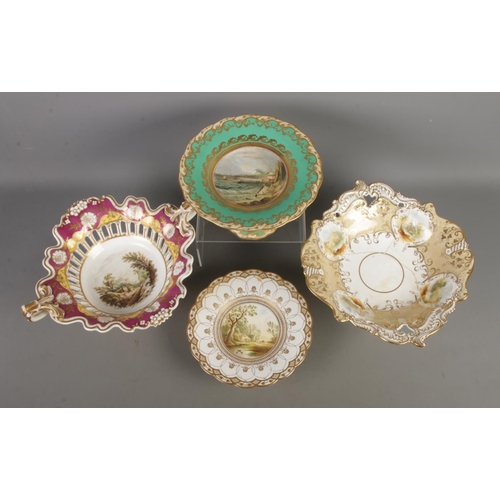 497 - Four antique centrepiece bowls, pedestal dishes and comports, all featuring handpainted scenes. Incl... 