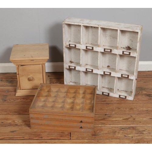 502 - A collection of assorted furniture to include painted pigeon hole wall unit, pine single drawer and ... 