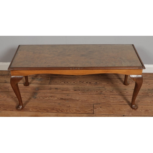 504 - A Queen Anne burr walnut glass topped coffee table. Approx. dimensions 108cm x 44cm x 44cm.
