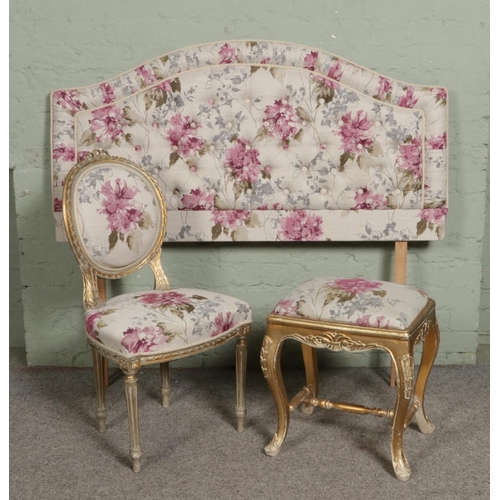548 - A gilt painted bedroom chair, together with a similar style dressing table stool and double bed head... 