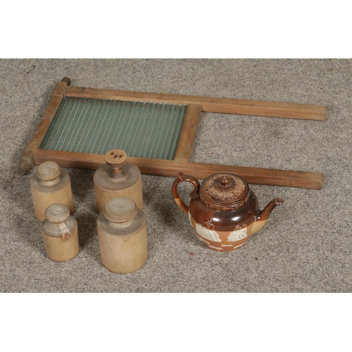 125 - A quantity of kitchen items to include Doulton stoneware teapot, glass scrubbing board and four wood... 