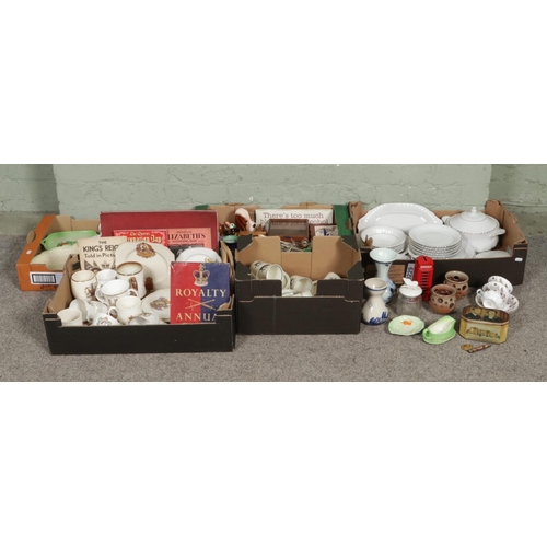 132 - Five boxes of assorted items, to include Royal Albert Lorraine tea cups and saucers, cabbage leaf ce... 