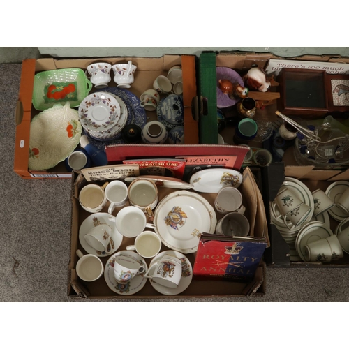 132 - Five boxes of assorted items, to include Royal Albert Lorraine tea cups and saucers, cabbage leaf ce... 