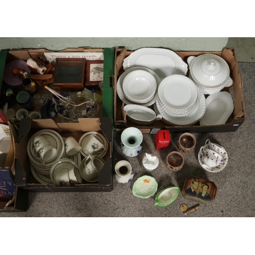 132 - Five boxes of assorted items, to include Royal Albert Lorraine tea cups and saucers, cabbage leaf ce... 