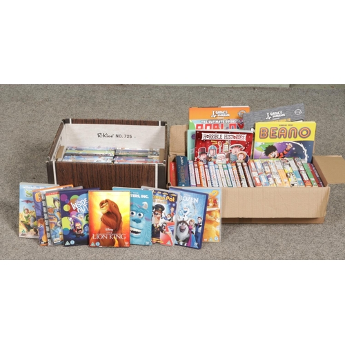 133 - Two boxes of children's books, annuals and DVD's. To include The Diary of a Wimpy Kid books, Beano a... 