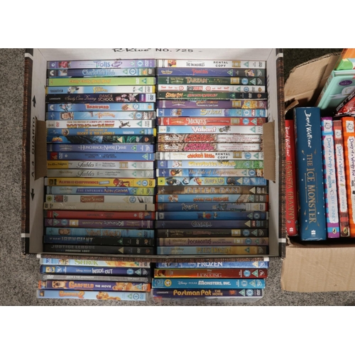 133 - Two boxes of children's books, annuals and DVD's. To include The Diary of a Wimpy Kid books, Beano a... 