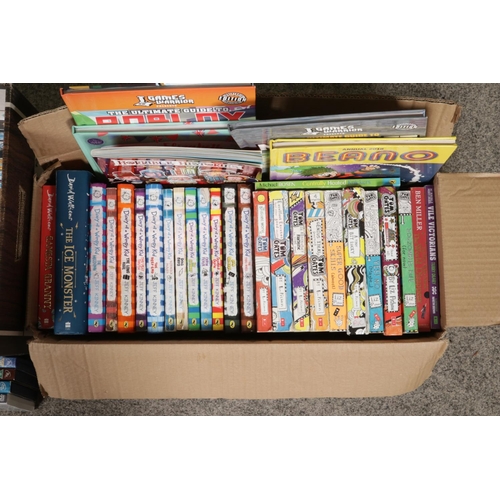 133 - Two boxes of children's books, annuals and DVD's. To include The Diary of a Wimpy Kid books, Beano a... 
