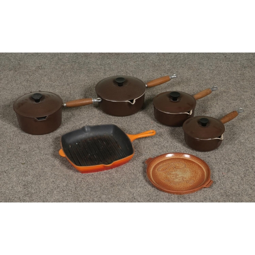 136 - A small quantity of vintage Le Creuset cookware including skillet, saucepans etc