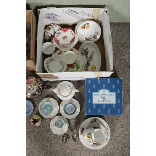 138 - Two boxes of miscellaneous items, to include Royal Worcester Evesham cups, saucers and plates and ov... 