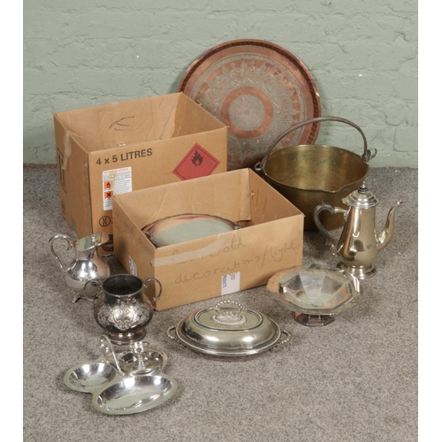 142 - Two boxes of metalwares and silver plate including brass jam pan, copper charger, silver plated teap... 