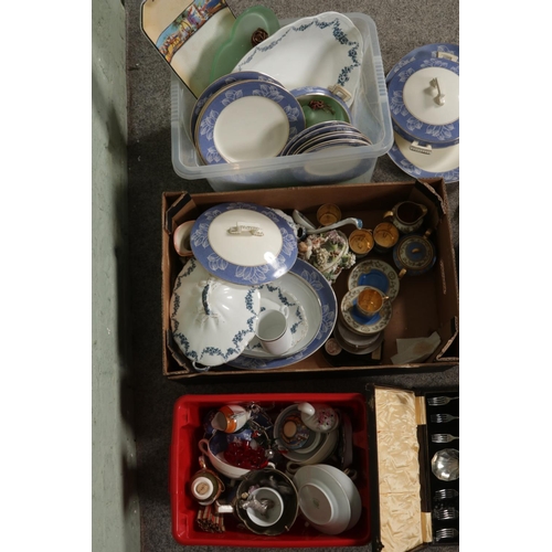 143 - Three boxes of miscellaneous to include Royal Cauldon tea service, Royal Crown Derby Derby Posies, S... 
