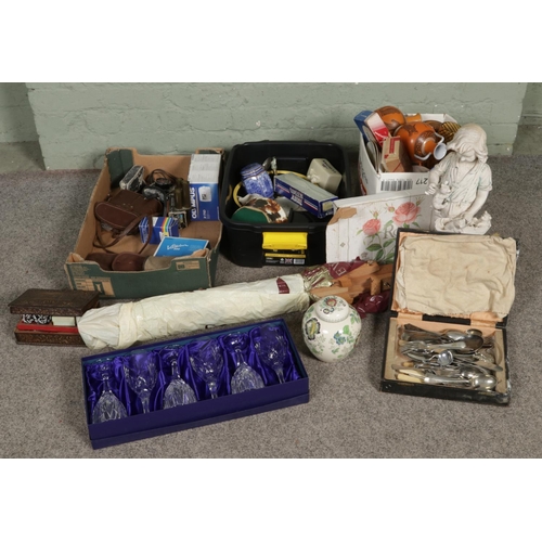144 - Two boxes of miscellaneous to include Masons, collection of cameras, Windsor & Newton easels, assort... 