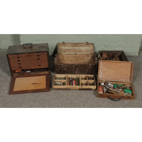 145 - A quantity of assorted tools to include vintage engineers chest with contents, chisels, planes, etc.