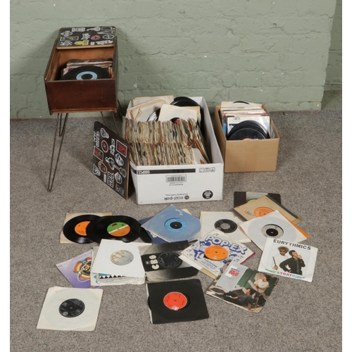 148 - Two boxes and one sewing box of assorted vinyl singles of mainly pop and easy listening to include E... 
