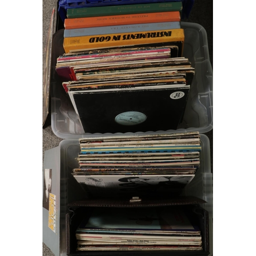 150 - Four boxes of assorted vinyl LP records of mainly pop and easy listening to include Status Quo, Kiss... 
