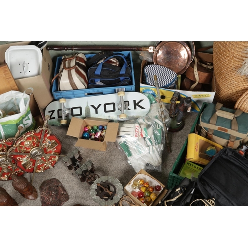 155 - Five boxes of miscellaneous items to include bowling balls, bed pan, rugs including sheep skin examp... 