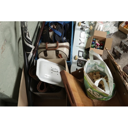 155 - Five boxes of miscellaneous items to include bowling balls, bed pan, rugs including sheep skin examp... 
