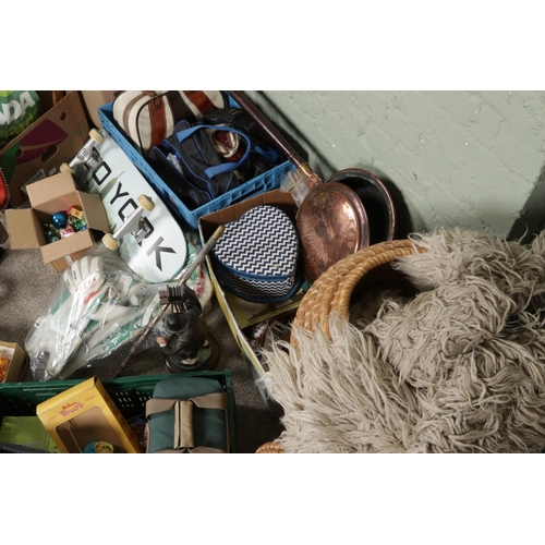 155 - Five boxes of miscellaneous items to include bowling balls, bed pan, rugs including sheep skin examp... 