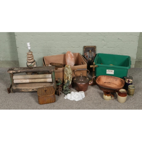 156 - Two boxes of assorted items; Including copper kettle, soapstone oriental figures, laying Buddha in w... 