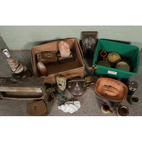 156 - Two boxes of assorted items; Including copper kettle, soapstone oriental figures, laying Buddha in w... 