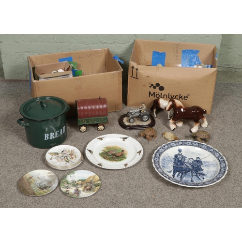 163 - A mixed box of ceramics, toys, puzzles and figures including various plastic toys including dinosaur... 