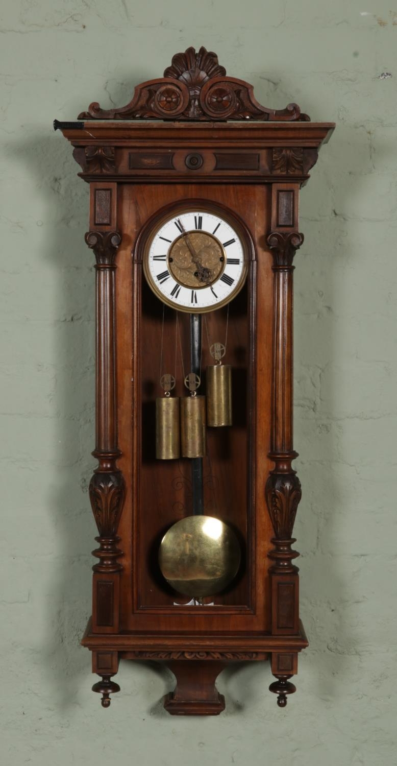 A walnut cased Gustav Becker triple weight Vienna wall clock, with ...