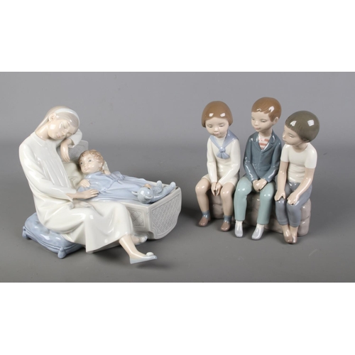 A Lladro figurine titled 'Three Boys Sitting' along with a Nao by ...