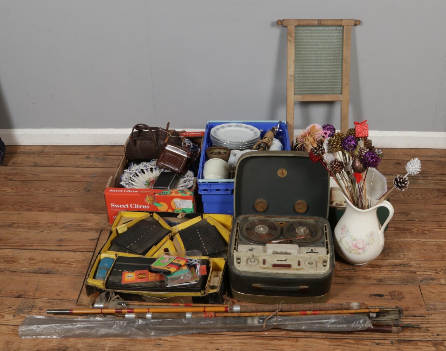 Three boxes of miscellaneous to include Scalextric, bowls, fishing ...