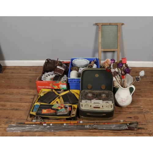 Three boxes of miscellaneous to include Scalextric, bowls, fishing ...