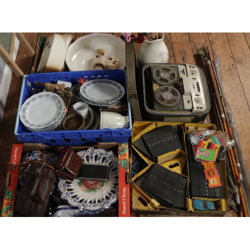 Three boxes of miscellaneous to include Scalextric, bowls, fishing ...