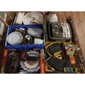 Three boxes of miscellaneous to include Scalextric, bowls, fishing ...
