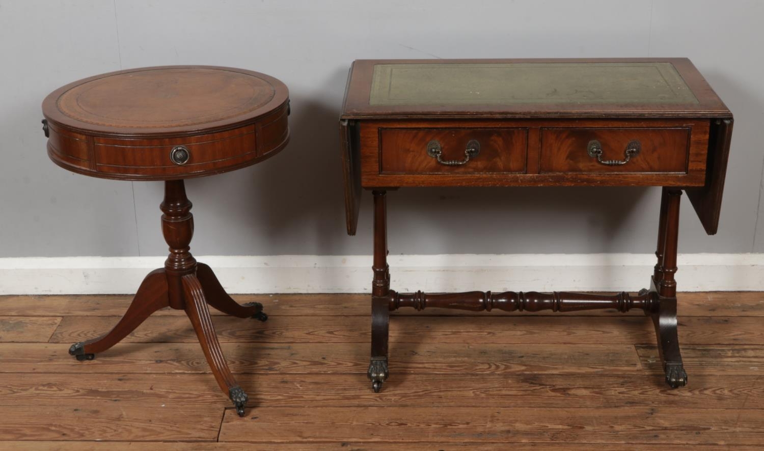 A mahogany occasional drum table alongside a small mahogany sofa side ...