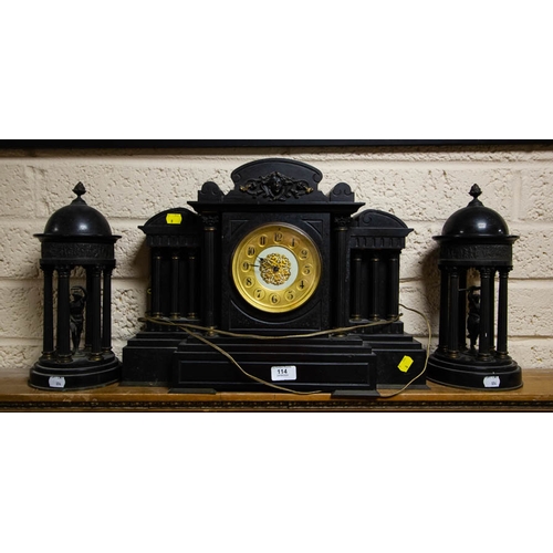 114 - ORNATE SLATE BREAK FRONT MANTLE CLOCK + 3 PIECES