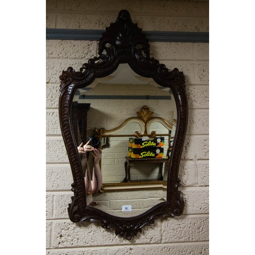 96 - CARVED CONSOLE TABLE WITH MATCHING MIRROR. TABLE MEASURES 89CM LONG X 33CM DEEP X 77CM HIGH