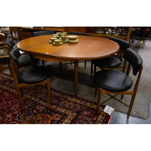 518 - TEAK G-PLAN DINING TABLE + LEAF + 6 CHAIRS - MEASURES 4FT DIAMETER, 5FT6IN WITH LEAF