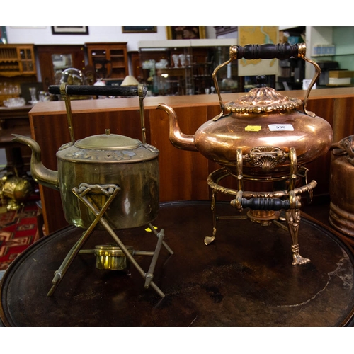 530 - ORNATE COPPER KETTLE ON STAND + BRASS KETTLE +COPPER COAL BUCKET + 3 COPPER KETTLES