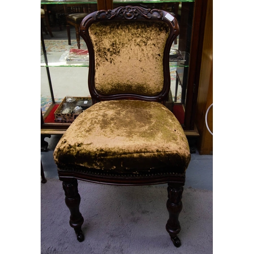 533 - 4 QUALITY VICTORIAN MAHOGANY CARVED BACK DINING CHAIRS WITH UPHOLSTERED SEAT + BACK