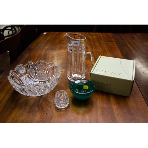 544 - MARQUIS JUG, GREEN GLASS, GALWAY CRYSTAL + CUT GLASS BOWL