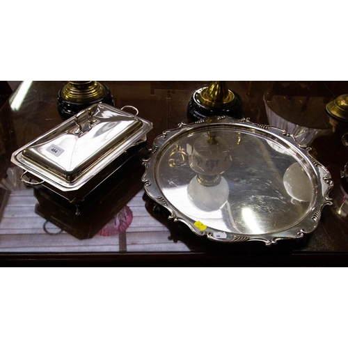 484 - ORNATE ROUND SILVER PLATED TRAY, TRAY + ENTREE DISH